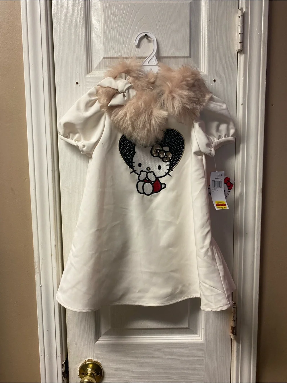 Hello Kitty Removable Faux Fur Collar Dress - Cream with Black & Red Accents
